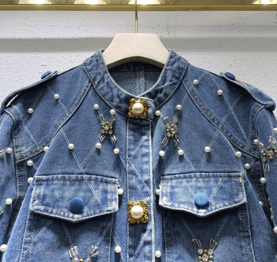 Women's Denim Jacket O-neck Embroidered Flares Diamond Pearls Buttons Plaid Elegant Coat  Autumn