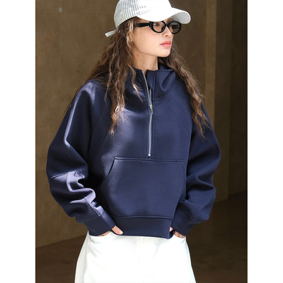 Fashionable air layer half zipper hooded sweatshirt skin friendly and comfortable loose top for women