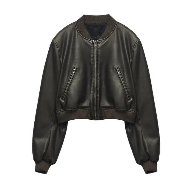 Woman Zipper Leather Jackets Perfecto Leather New In Outerwears Aviator Woman Y2K High Street Long Sleeve