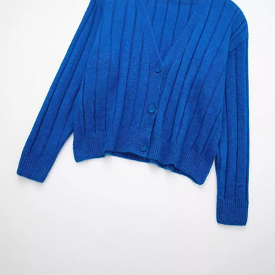 Fashion V-neck single breasted blue versatile knitted cardigan for women