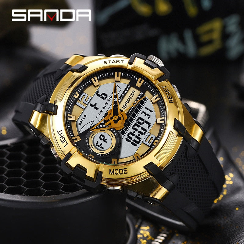 Sanda Top Brand 6015 Dual Display Wrist Watch Men Watches Brand Male For Clock Military Sport Wristwatch Outdoor Waterproof Hour