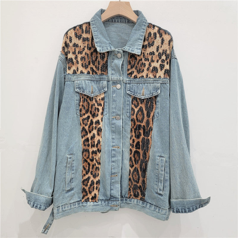 European and American style American retro leopard print sequin patchwork denim jacket casual loose large version all-match jacket top