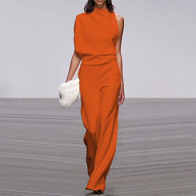 Solid color single shoulder pile up collar jumpsuit for women, hot selling hot selling dress pants