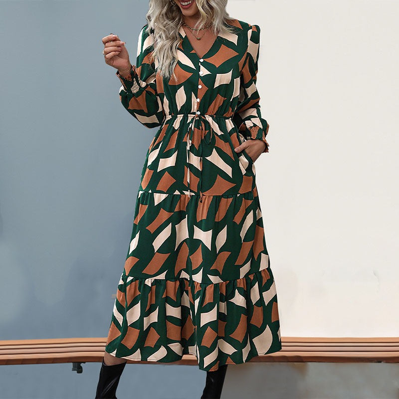 Hot selling long sleeved printed V-neck dress for European and American women's clothing in spring and autumn