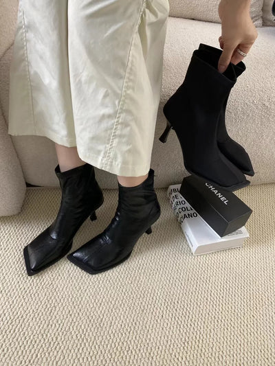 Square Toe Women Ankle Boots Sock Bootie Stretch Shoes Woman Elegant Black Lycra Design Back Zipper Fashion Pumps Size 35-39