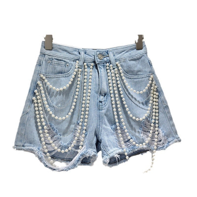 Chain handmade bead rough edge washed water personalized denim shorts high waist slimming hot pants