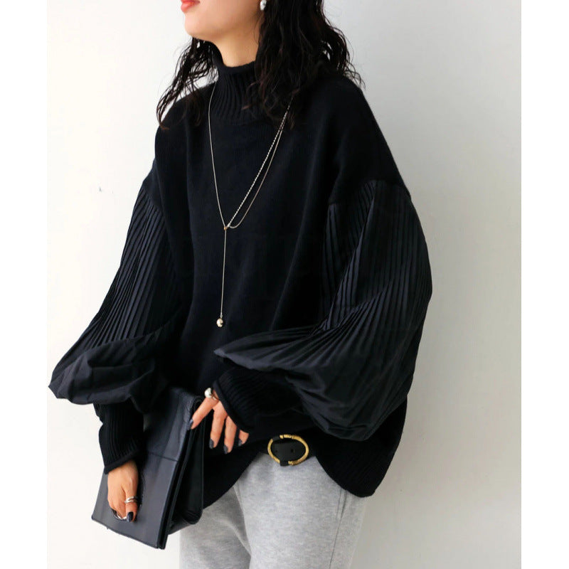 High neck patchwork women's pleated sleeves loose casual women's top knitted sweater jacket