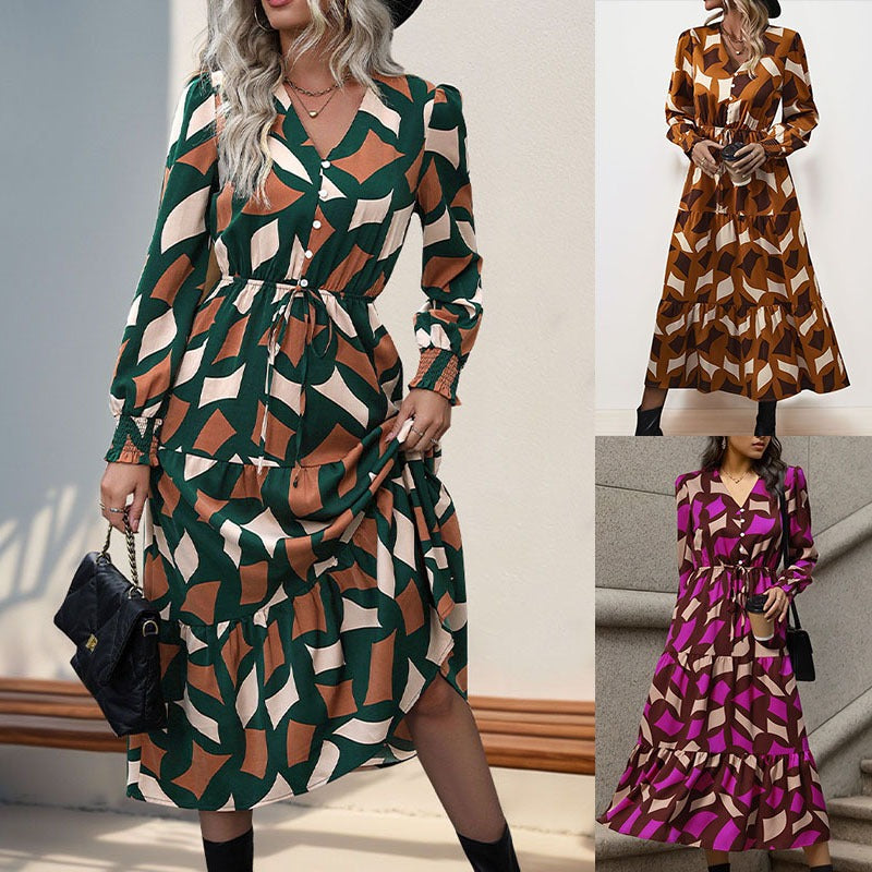 Hot selling long sleeved printed V-neck dress for European and American women's clothing in spring and autumn