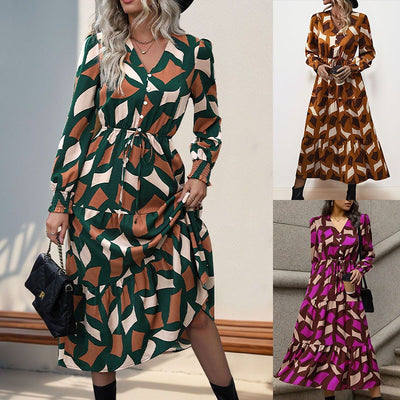 Hot selling long sleeved printed V-neck dress for European and American women's clothing in spring and autumn