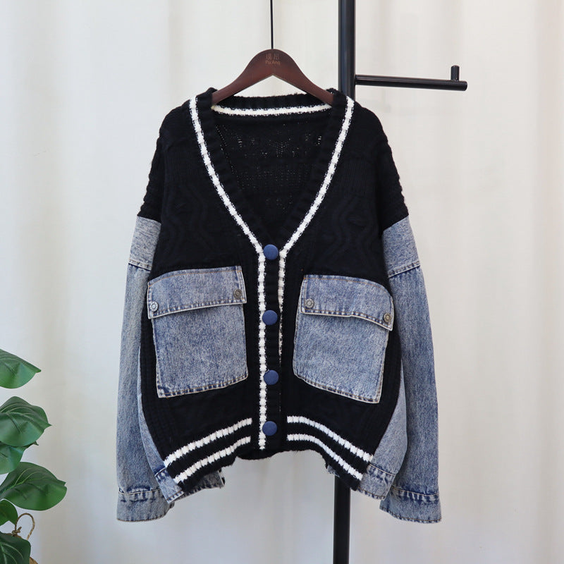 Cowboy patchwork knitted cardigan loose casual versatile lazy sweater jacket