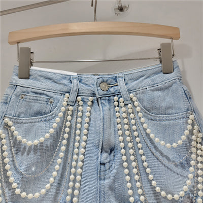 Chain handmade bead rough edge washed water personalized denim shorts high waist slimming hot pants