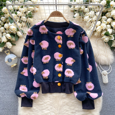 French retro three-dimensional flower temperament slim fit single breasted cardigan short jacket