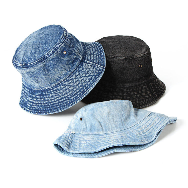 Washed denim fisherman hat for men and women in summer, Korean version, Japanese art, old flat top sunshade cloth hat, sun protection basin hat