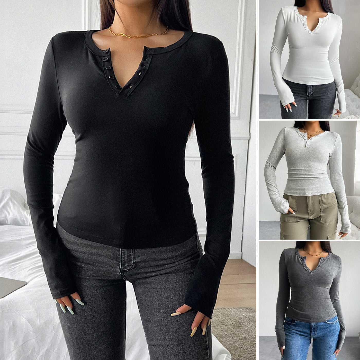 Autumn and winter top women's Y2K temperament slim fit V-neck button long sleeved T-shirt