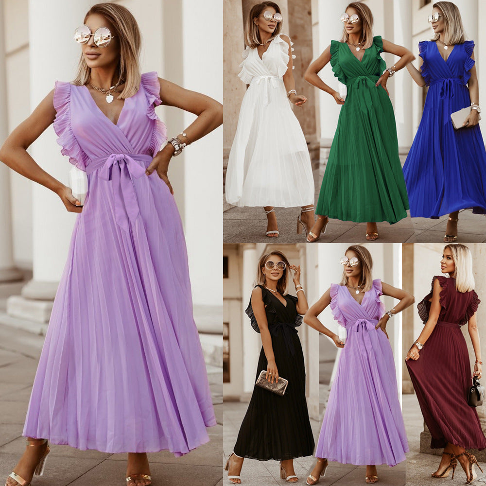 Temperament beach long skirt fashionable slim fit sexy lotus leaf sleeves chiffon pleated skirt solid color dress