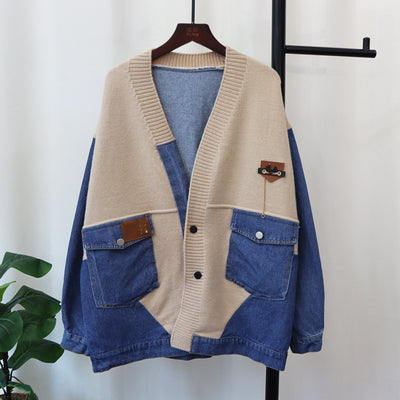 Cowboy patchwork knitted cardigan loose casual fashion versatile lazy style sweater jacket for women