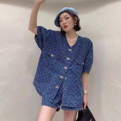 Women's spring and summer temperament design denim suit slim and loose two-piece suit