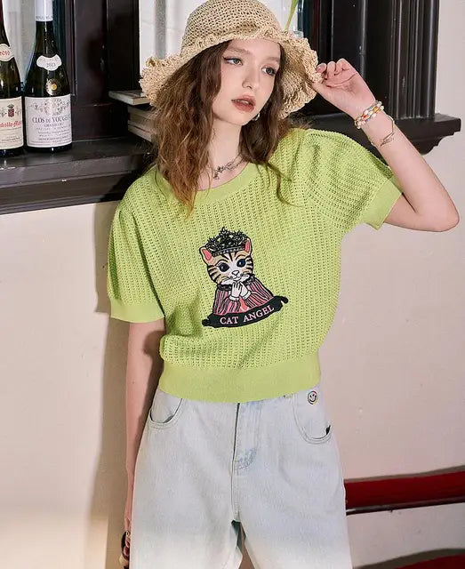 Summer Stylish Sweater Tops Women Cartoon Embroidered Hollow Knit Pullover T-shirts Short Sleeve O-neck Chic Fashion Knitwear