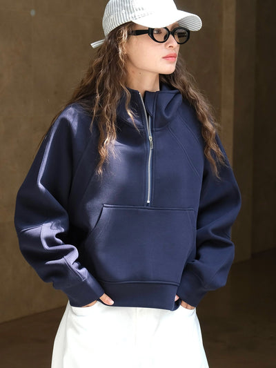 Fashionable air layer half zipper hooded sweatshirt skin friendly and comfortable loose top for women