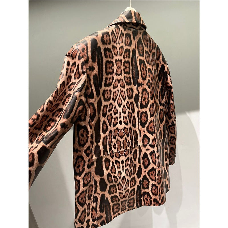 Explosive leopard print fashion genuine leather sheepskin high-end feeling slim fit suit design sense loose and versatile top