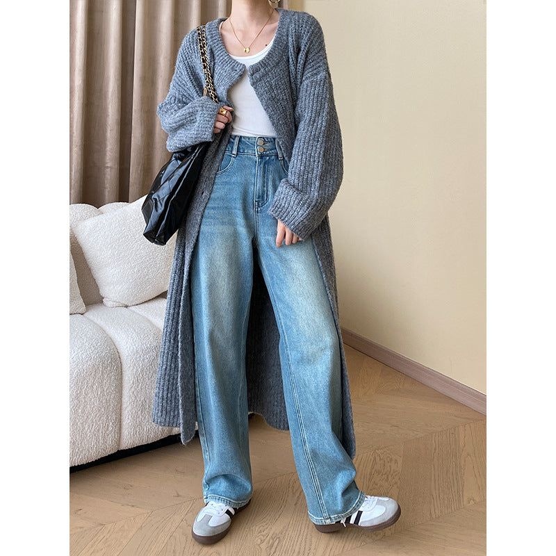 Early Autumn Rabbit Wool Blended Coarse Knitted Cardigan Loose Coat Long