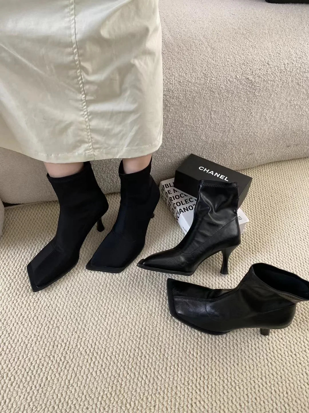 Square Toe Women Ankle Boots Sock Bootie Stretch Shoes Woman Elegant Black Lycra Design Back Zipper Fashion Pumps Size 35-39