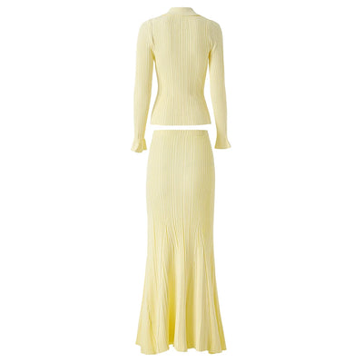 Spring Brief Design Fresh Lemon Yellow Women Knitted 2PCS Sets Slim Sweater Tops Sheath Long Skirt Sweet Twin Set