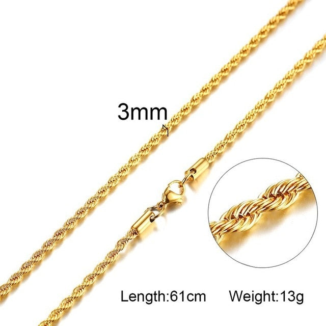 Stainless Steel Rope Chains Men Necklace Silver Gold Color Necklaces