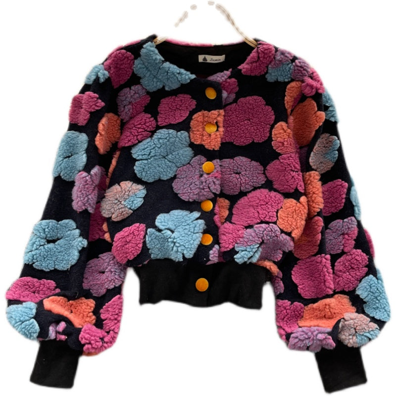 French retro three-dimensional flower temperament slim fit single breasted cardigan short jacket