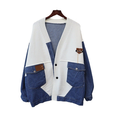 Cowboy patchwork knitted cardigan loose casual fashion versatile lazy style sweater jacket for women