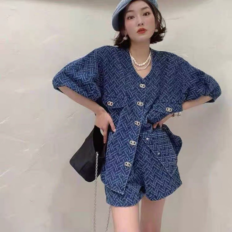 Women's spring and summer temperament design denim suit slim and loose two-piece suit