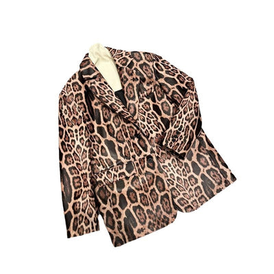 Explosive leopard print fashion genuine leather sheepskin high-end feeling slim fit suit design sense loose and versatile top