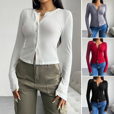 Autumn and winter top women's Y2K solid color slim fit cardigan button long sleeved T-shirt