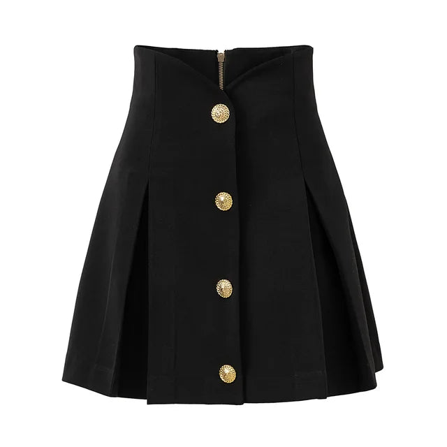 Summer New Arriva Women Solid Black All Match Single-breasted A-line Lady Pleated Mini Skirt