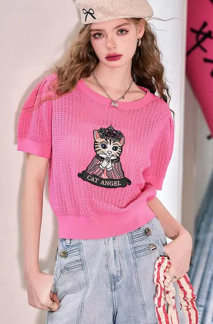 Summer Stylish Sweater Tops Women Cartoon Embroidered Hollow Knit Pullover T-shirts Short Sleeve O-neck Chic Fashion Knitwear