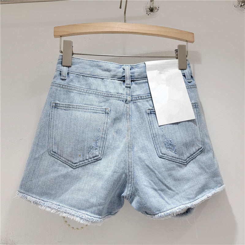 Chain handmade bead rough edge washed water personalized denim shorts high waist slimming hot pants