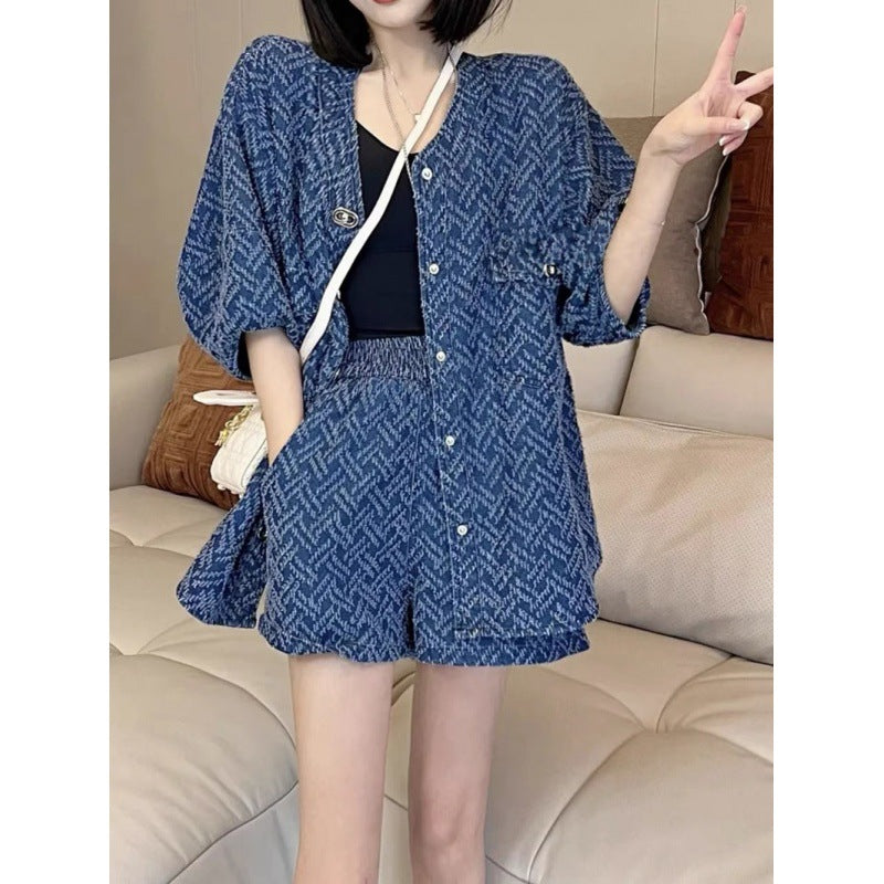 Women's spring and summer temperament design denim suit slim and loose two-piece suit