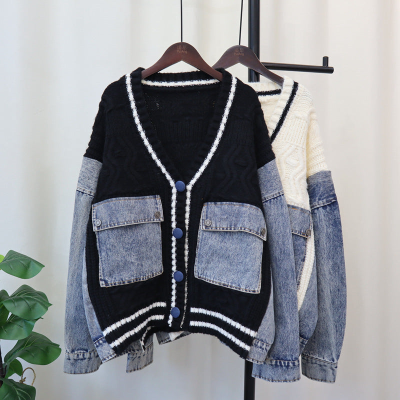 Cowboy patchwork knitted cardigan loose casual versatile lazy sweater jacket