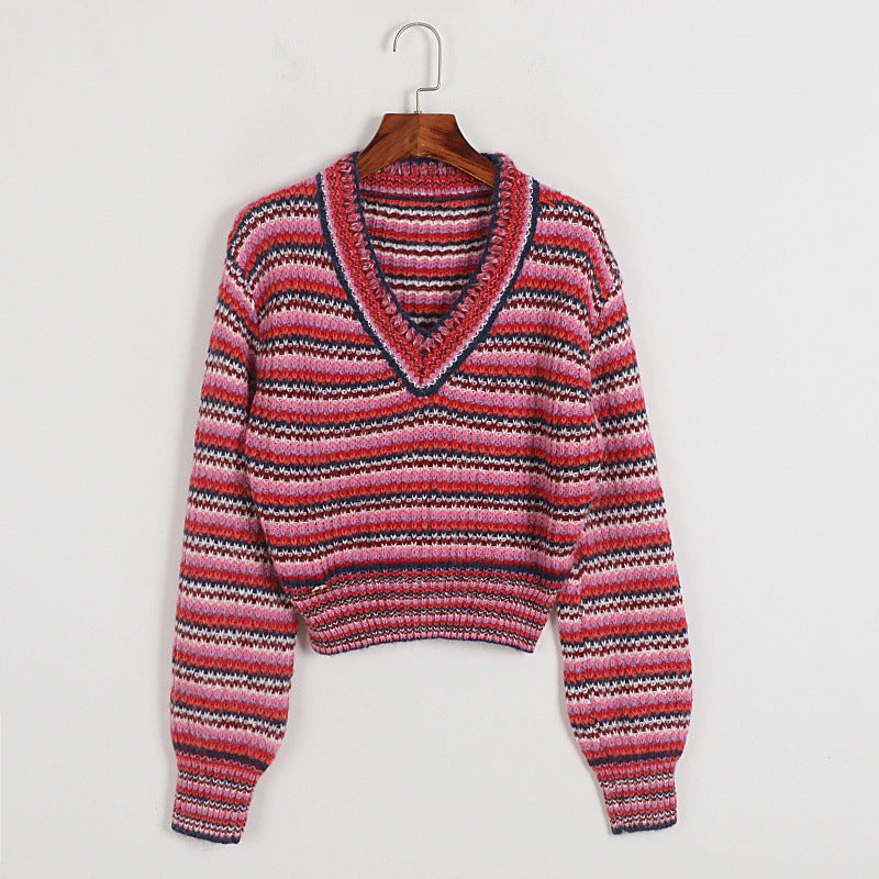 V-neck thick sweater women's autumn and winter women's fashion socialite style high waist small loose pink striped knitted sweater