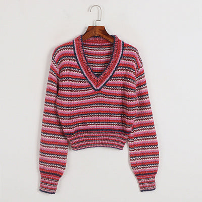 V-neck thick sweater women's autumn and winter women's fashion socialite style high waist small loose pink striped knitted sweater