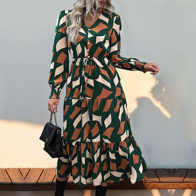 Hot selling long sleeved printed V-neck dress for European and American women's clothing in spring and autumn