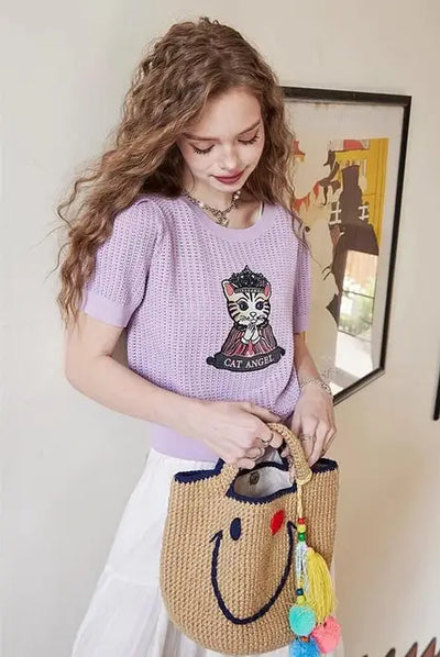 Summer Stylish Sweater Tops Women Cartoon Embroidered Hollow Knit Pullover T-shirts Short Sleeve O-neck Chic Fashion Knitwear