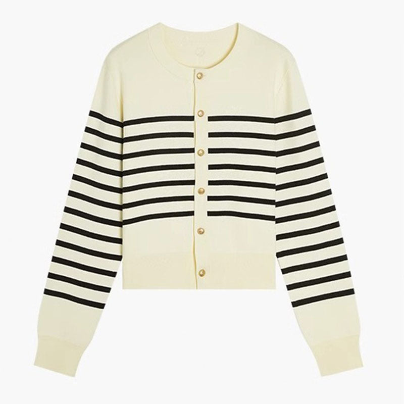 Fashionable contrasting retro striped knitted cardigan women's long sleeved sweater women's top outerwear trend