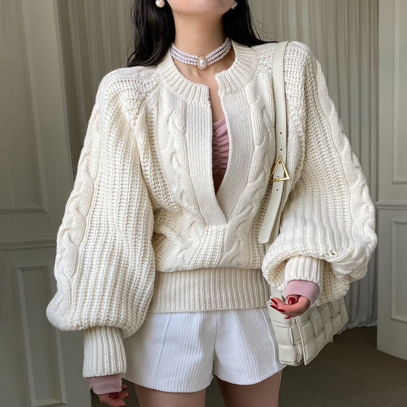 Autumn and winter women's Korean chic temperament fashion loose solid color pullover knit sweater cable sweater