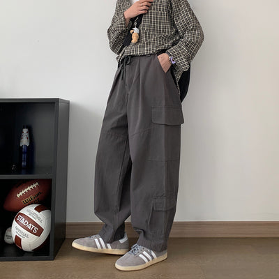 Dark gray Japanese loose wide leg workwear pants for men retro ankle tied casual pants with large pockets