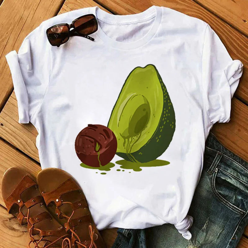 Kawaii Cartoon Avocado Short Sleeve T-shirt  Female Tee Summer Women T-shirts Tops