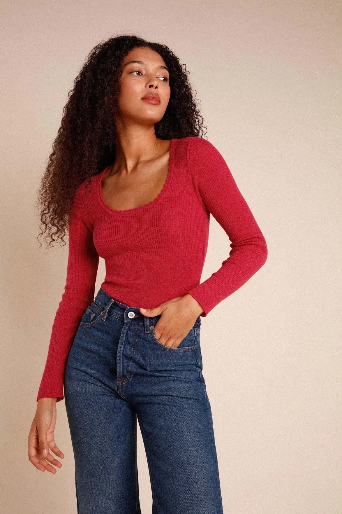 Women's Thread Big Neckline Long-sleeved U-neck Knitted Bottoming Shirt